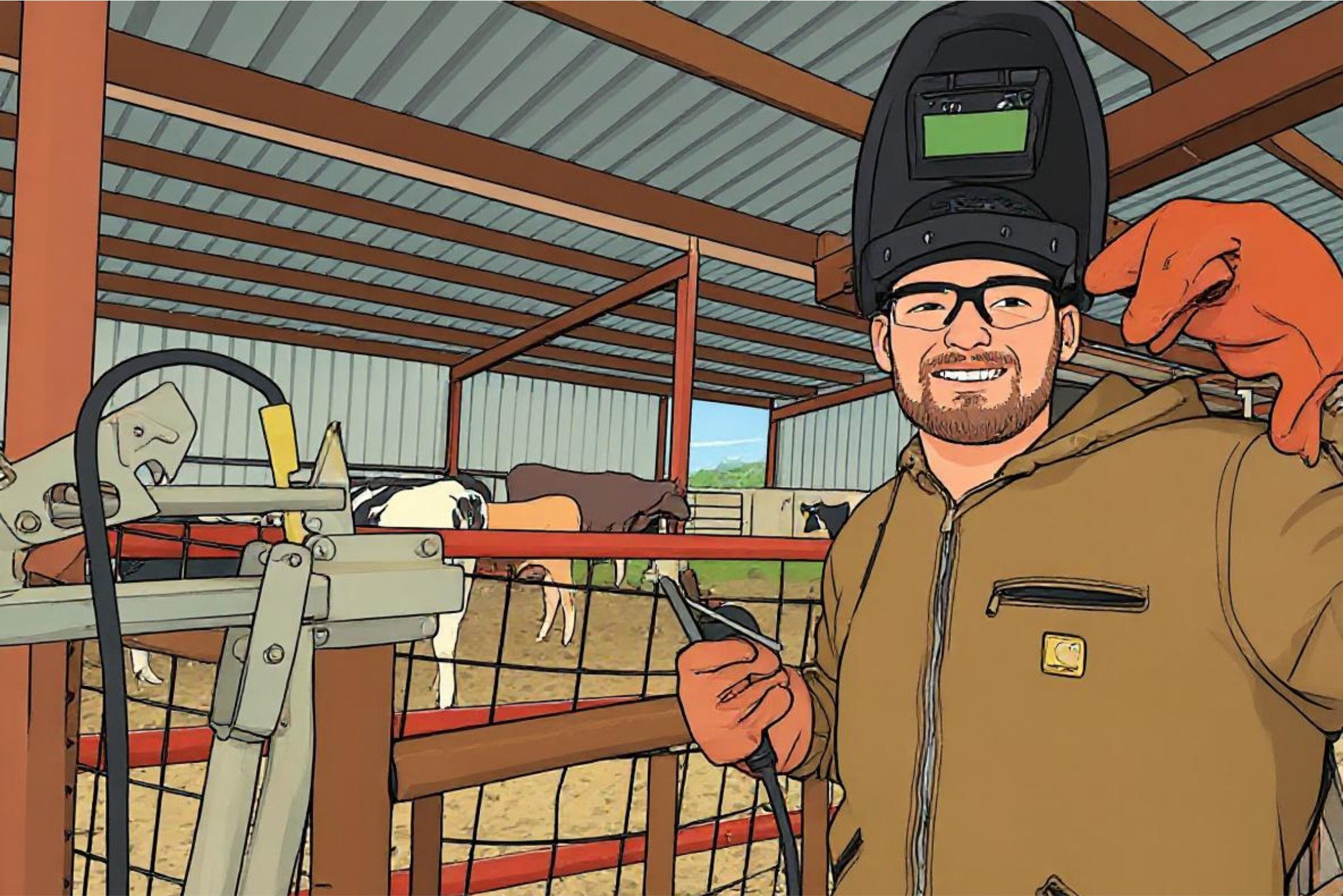 Illustrated picture of Jimmie welding in a farm setting.